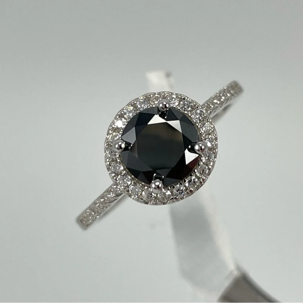 Black Onyx 1ct Moissanite Halo Solid Silver Engagement Ring Sz 6